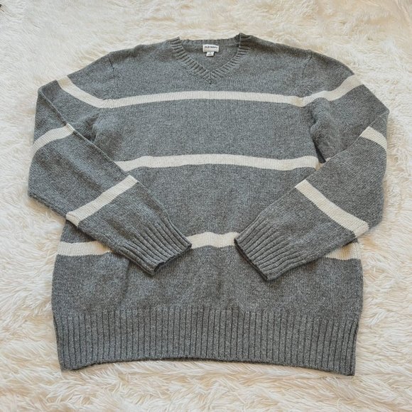 OLd Navy Men Sweater Size XL Gray White Stripe Wool Blend Grandpa Pullover 15790 - Picture 1 of 8